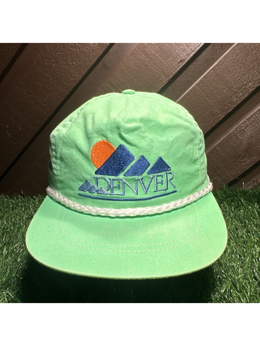 Vintage Denver Colorado Mountain Rope Hat Retro Neon Green Slideback Ski Cap